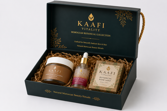 Kaafi Vitality Moroccan Botanical Collection beauty gift set in dark green luxury box